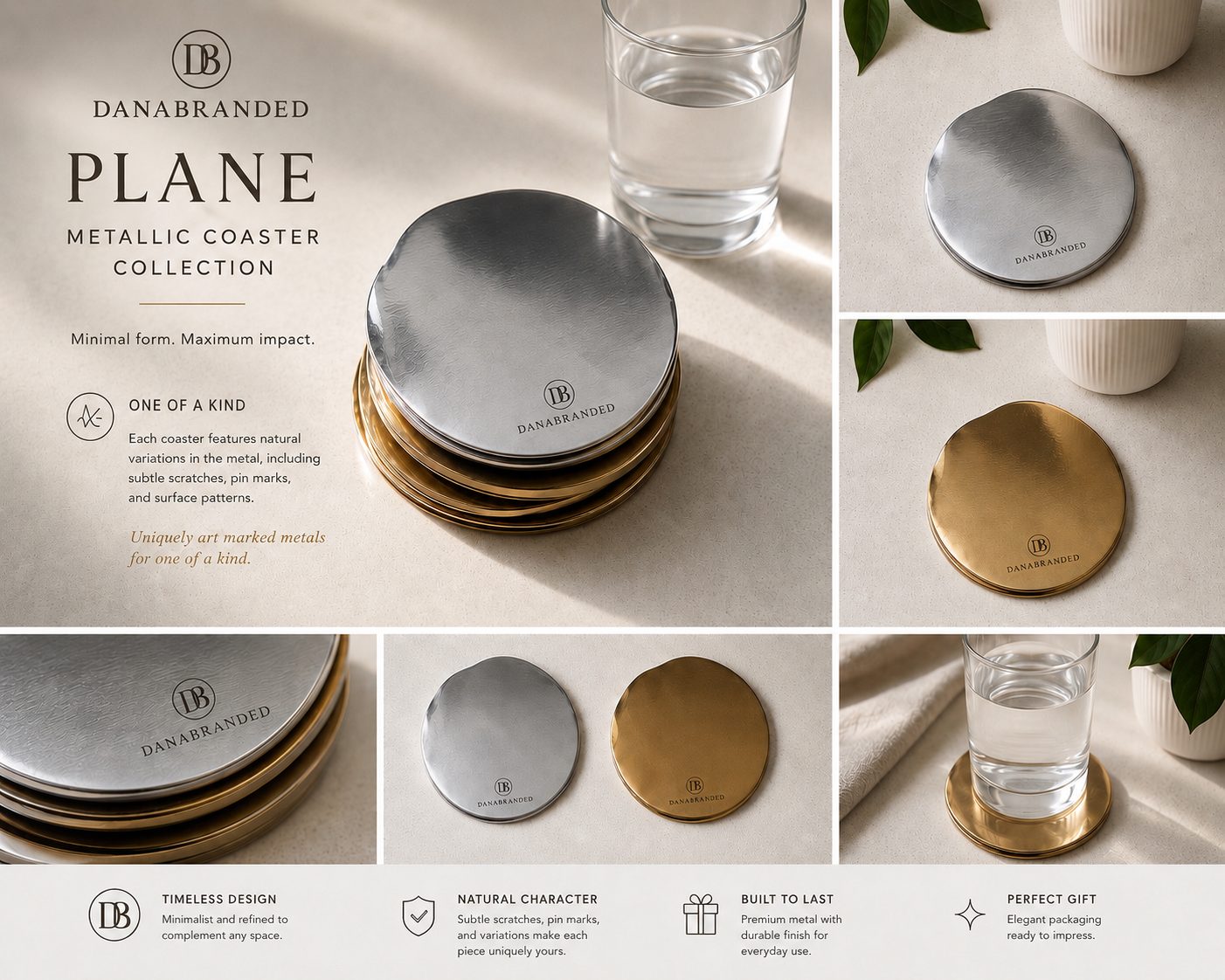 Plane Metallic Coasters in Gold